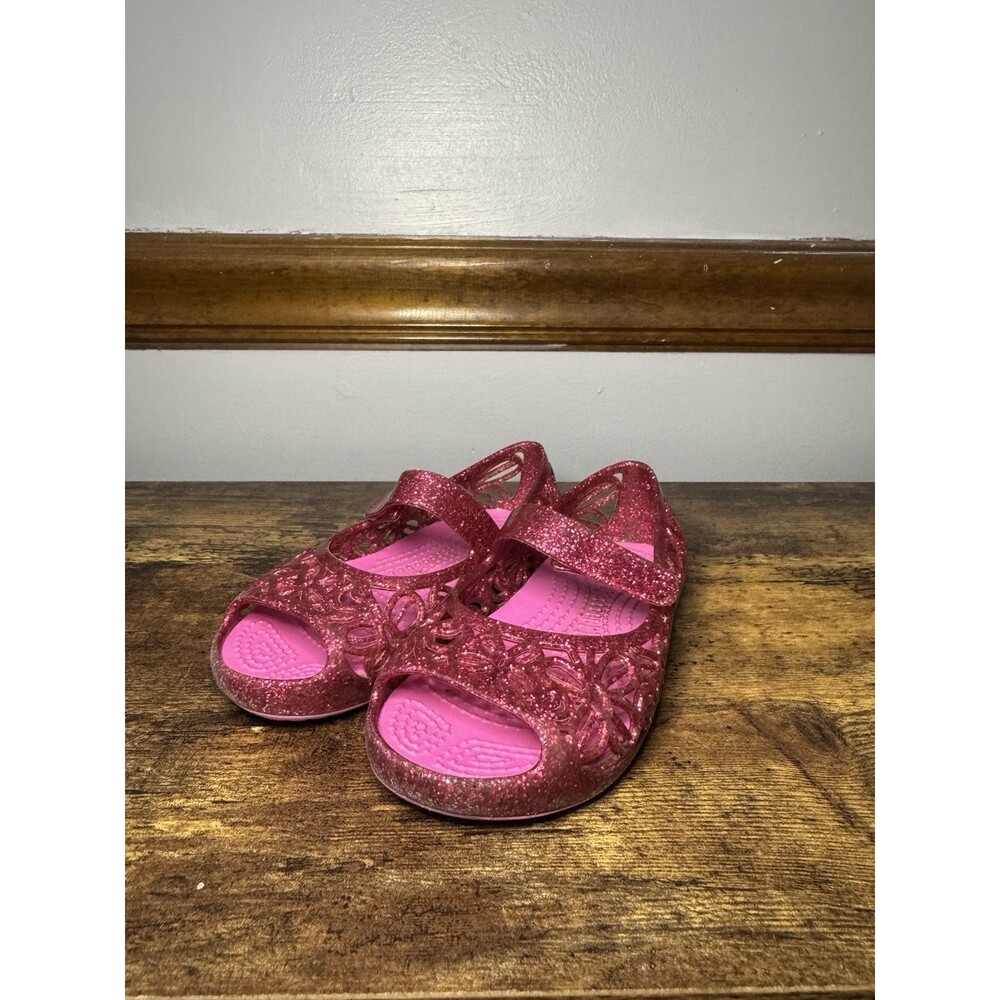 Crocs Isabella Pink Flower Glitter Girl's Toddler C8 Mary Jane Shoes Sandals